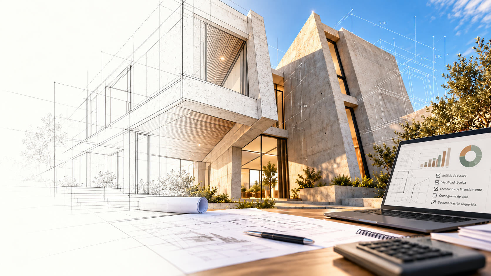 Una casa terminada que nace de un croquis, con planos y una computadora que muestra el análisis de costos y la viabilidad técnica